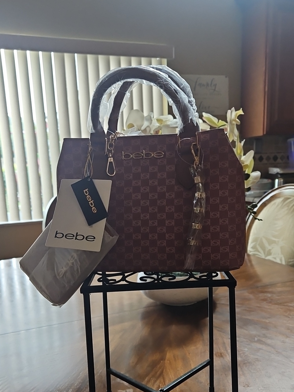 bebe Brown Logo-Print Satchel with Gold Hardware